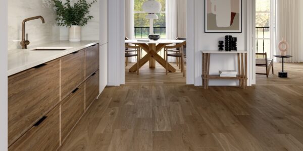 A close-up photo of light brown wooden floor tiles that look like real wood.