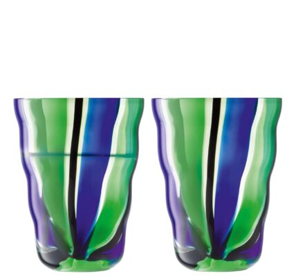 Two tall tumbler glasses. They are tall, cylindrical glasses with vibrant, abstract stripes in shades of green, blue, and black.