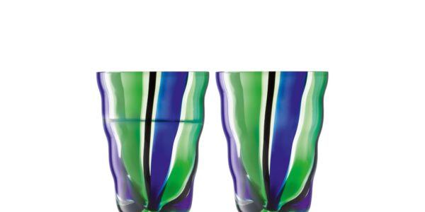 Two tall tumbler glasses. They are tall, cylindrical glasses with vibrant, abstract stripes in shades of green, blue, and black.