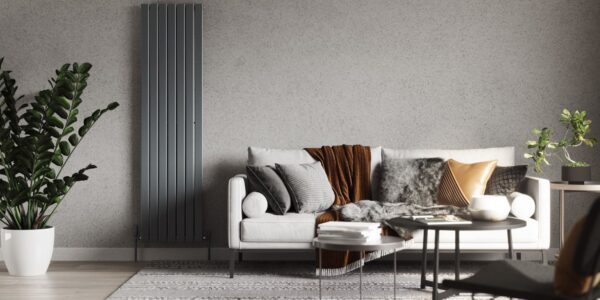 This image shows a serene sanctuary with the perfect blend of colours and texture and a large, vertical radiator