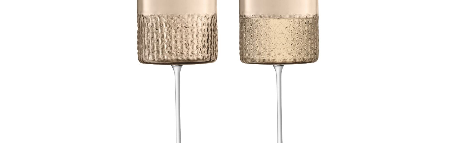 These are tall, clear glasses with a textured, wicker-like pattern on the bowl. The bowls are a light amber colour and the stems are clear.