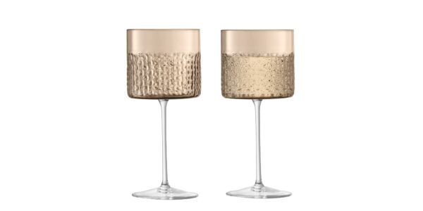 These are tall, clear glasses with a textured, wicker-like pattern on the bowl. The bowls are a light amber colour and the stems are clear.