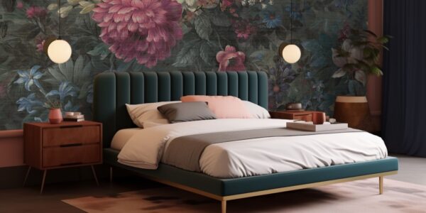 A bedroom with a large floral wallpaper featuring peonies and other flowers, a green velvet bed with gold accents, and a pink bedside table.
