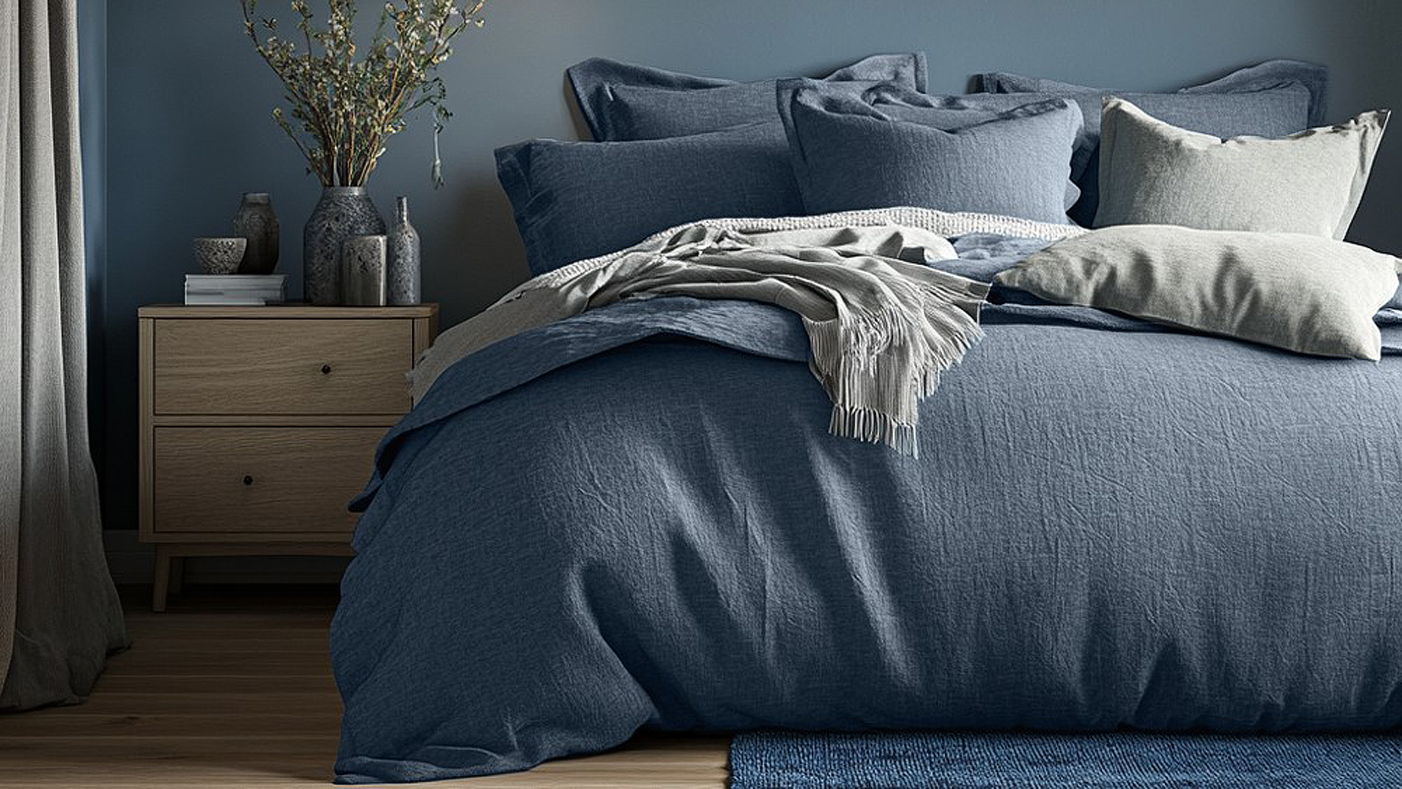 This bedding ensemble epitomises the beauty of simplicity. The rich, natural hues and textured fabric create a serene and inviting atmosphere, perfect for unwinding after a long day