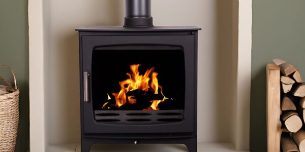 : A wood-burning stove with a roaring fire inside. The stove is black and has a sleek, modern design. It is set against a light-coloured wall and there is a stack of firewood next to it.
