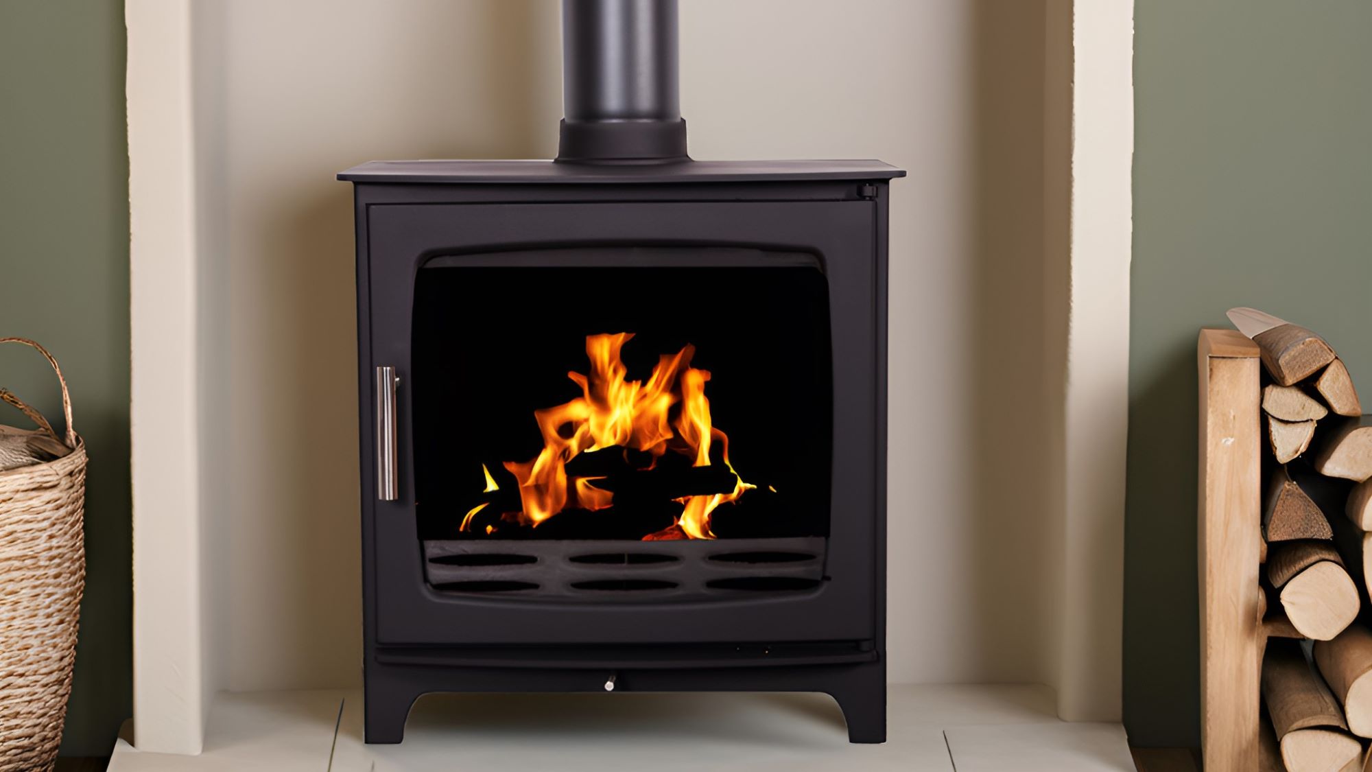 : A wood-burning stove with a roaring fire inside. The stove is black and has a sleek, modern design. It is set against a light-coloured wall and there is a stack of firewood next to it.