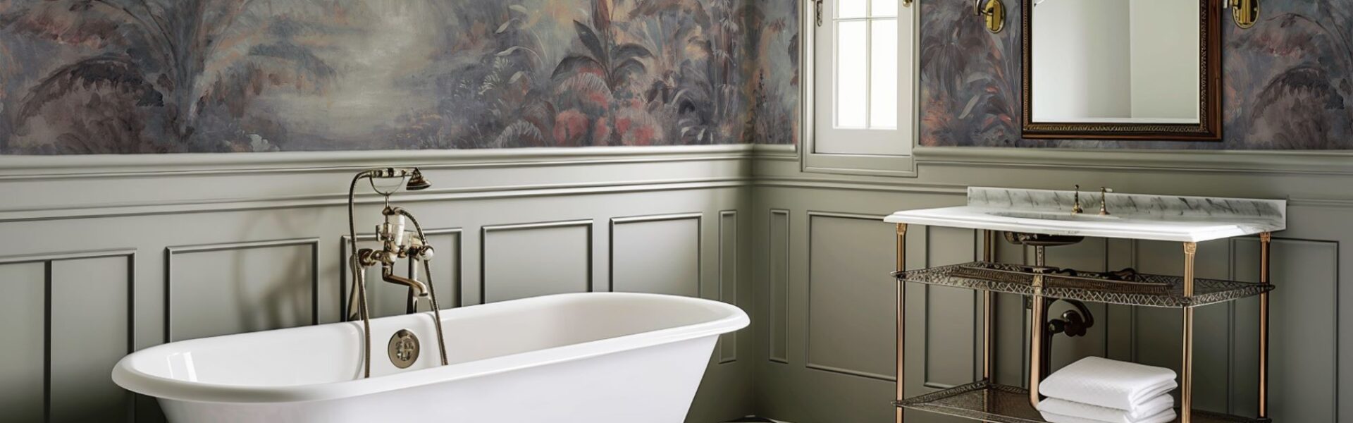 A spacious bathroom with a freestanding white clawfoot bathtub, a patterned geometric tile floor, and a wallpapered wall featuring a lush landscape scene. A vanity with a marble sink and a mirror complete the room.