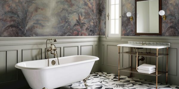 A spacious bathroom with a freestanding white clawfoot bathtub, a patterned geometric tile floor, and a wallpapered wall featuring a lush landscape scene. A vanity with a marble sink and a mirror complete the room.