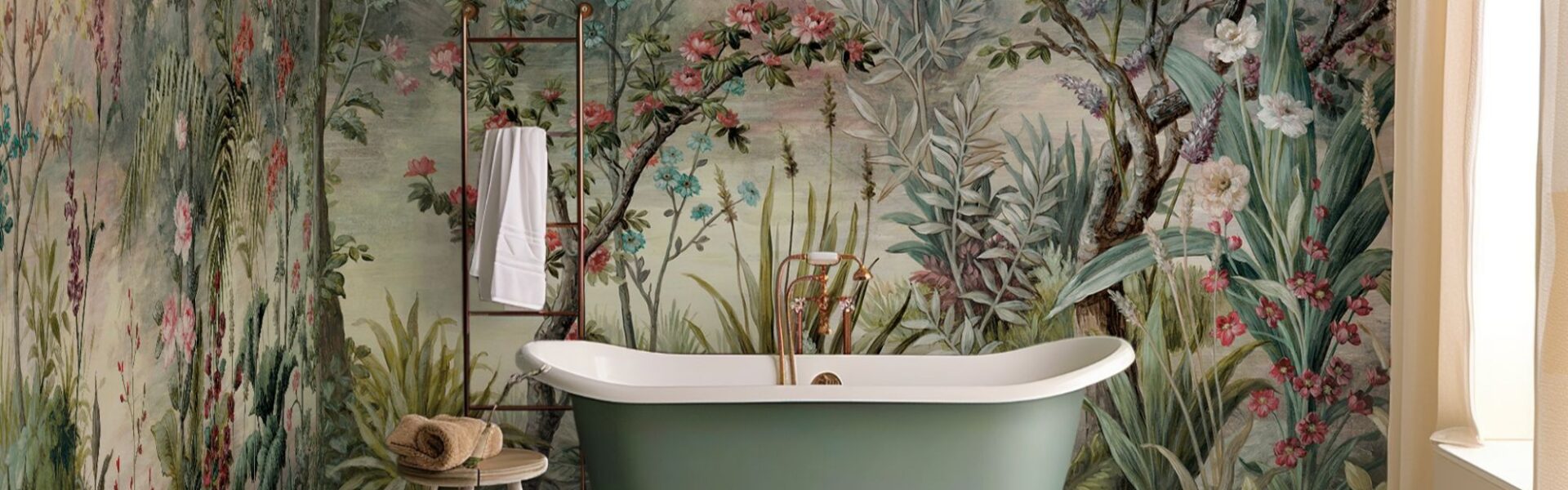 The wallpaper is a vibrant mural featuring a lush forest scene with various flowers, trees, and foliage. It creates a sense of being immersed in nature.