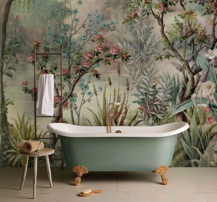 The wallpaper is a vibrant mural featuring a lush forest scene with various flowers, trees, and foliage. It creates a sense of being immersed in nature.