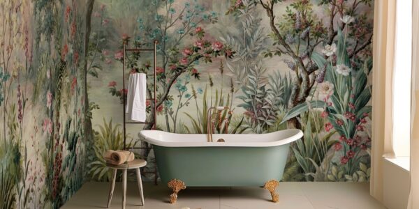 The wallpaper is a vibrant mural featuring a lush forest scene with various flowers, trees, and foliage. It creates a sense of being immersed in nature.