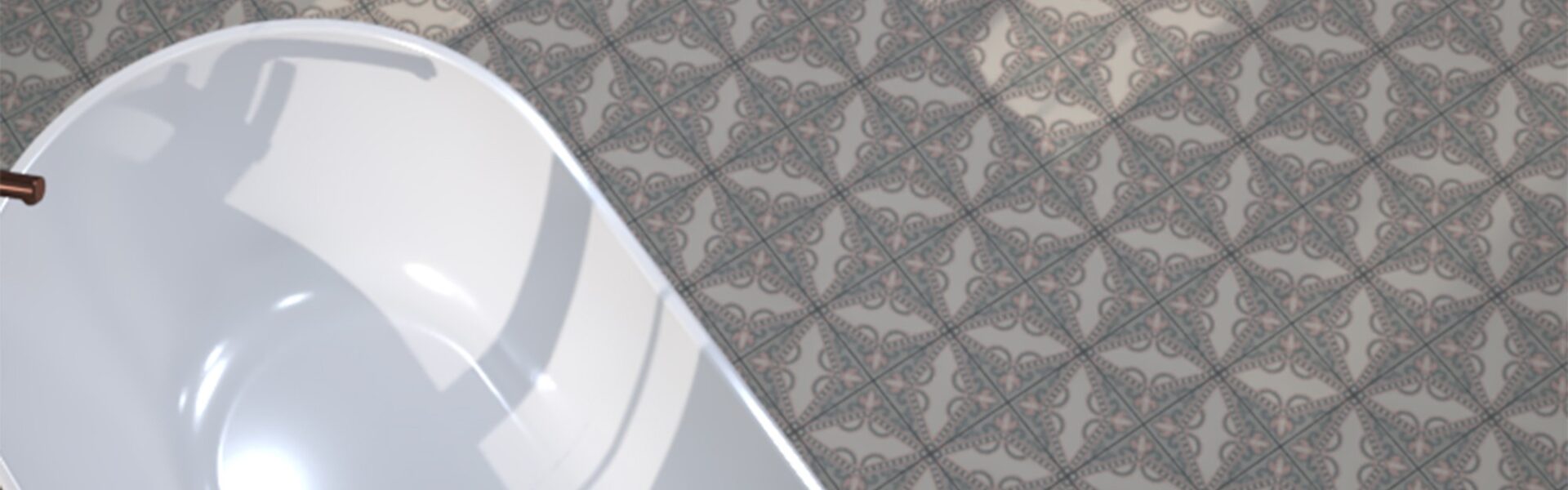 Detailed view of grey and white patterned floor tiles in a bathroom, with a portion of a white bathtub visible.