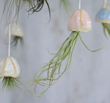 A close-up shot of several small, handmade ceramic jellyfish-shaped planters hanging by thin white strings. Each ceramic "jellyfish" has a rounded bell-shaped top, some with a pastel pink glaze and others with a light blue glaze, all featuring a rough, textured cream-coloured rim. Dangling from the bottom of each ceramic piece is a green air plant with long, thin, slightly curled leaves, resembling the tentacles of a jellyfish. The background is a soft, blurred light grey with a hint of texture, suggesting a wall.