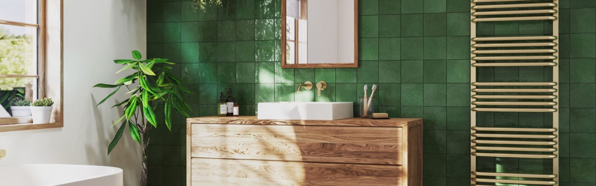 A modern bathroom with green tiles, a brass towel rail and wooden vanity.