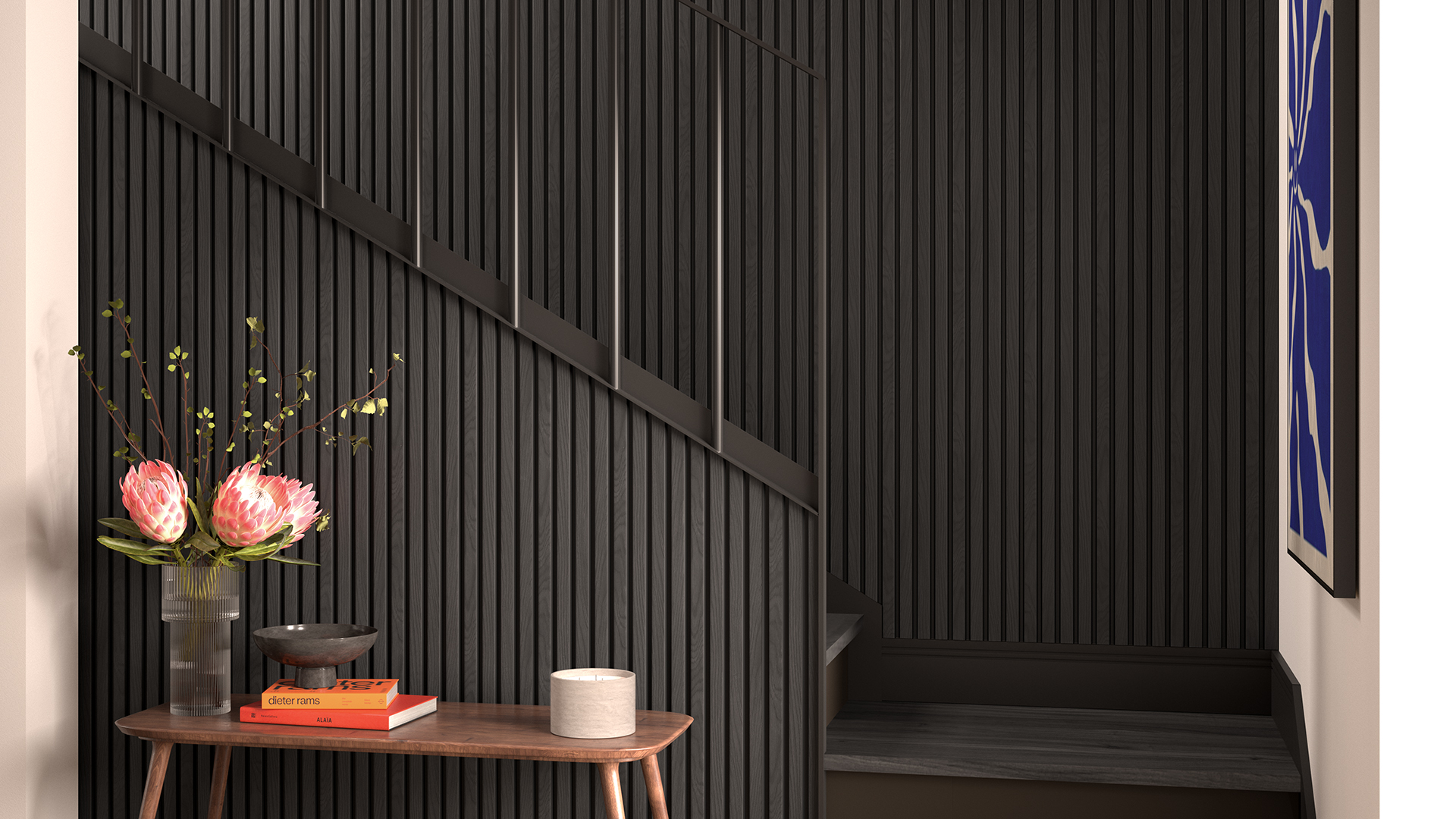 A modern interior space featuring a dark, slatted wall treatment that extends up a staircase.