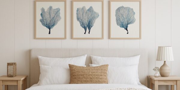 A bedroom scene features a large bed with a white pleated headboard and white bedding. A textured brown throw pillow rests on the bed. Above the bed, a set of three framed art prints, each depicting blue coral, are hung on a white panelled wall.