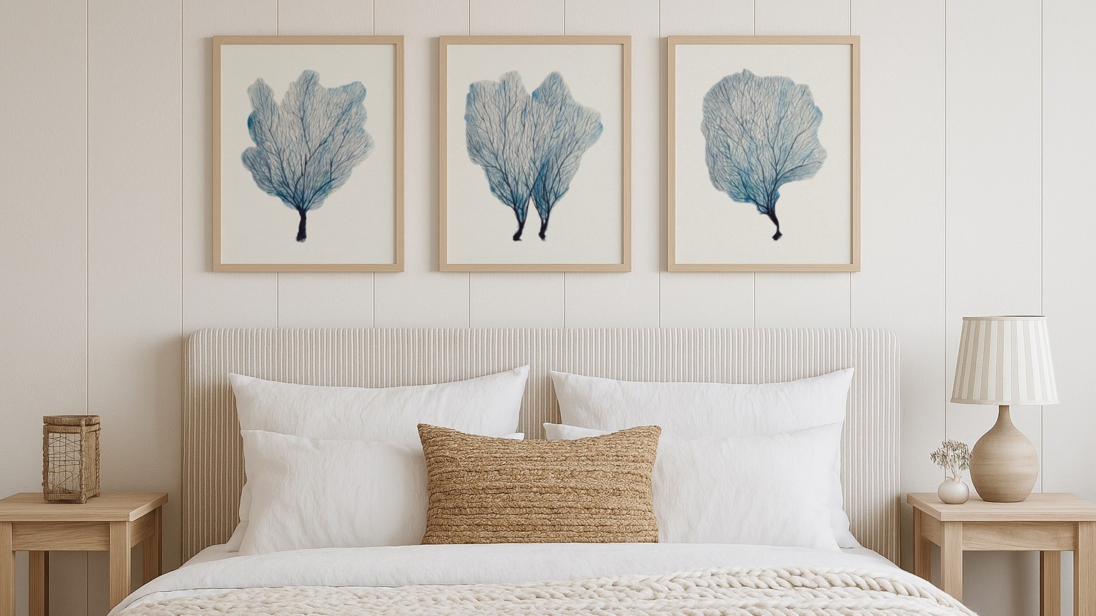 A bedroom scene features a large bed with a white pleated headboard and white bedding. A textured brown throw pillow rests on the bed. Above the bed, a set of three framed art prints, each depicting blue coral, are hung on a white panelled wall.