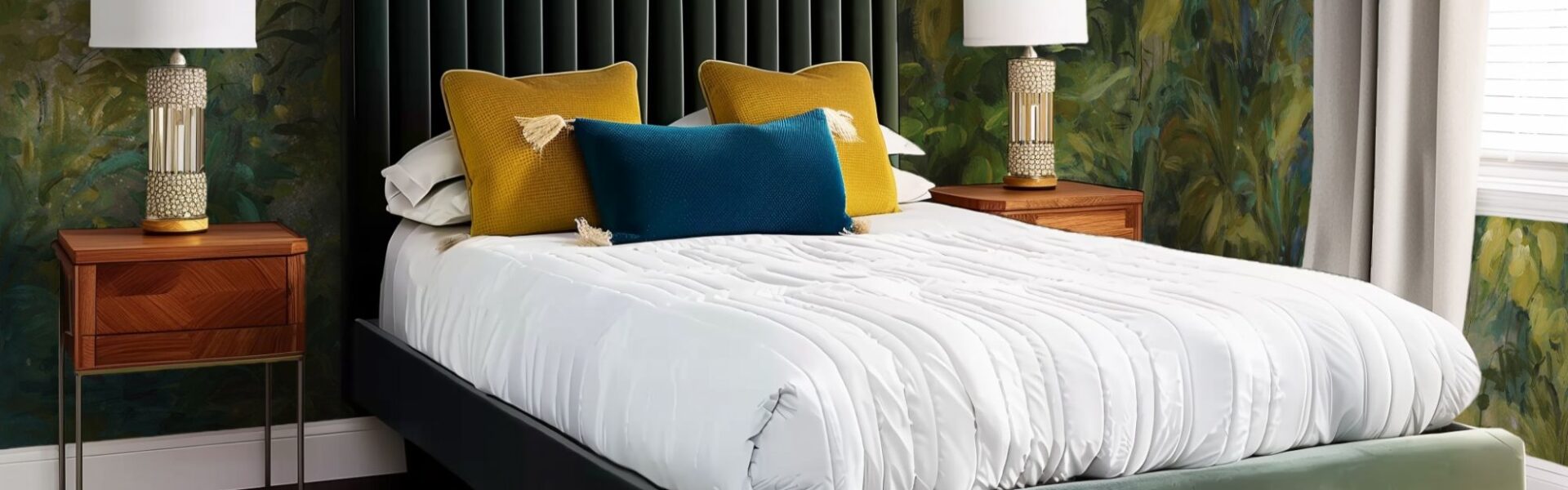 A beautifully styled bedroom features a bed with a dark green upholstered headboard and a matching green bed frame. The wall behind the bed is adorned with a lush, nature-inspired wallpaper mural in shades of green and yellow, giving the room a vibrant, organic feel.