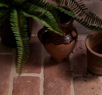 The image shows a close-up, overhead view of a rustic-looking floor made of reddish-brown terracotta tiles, laid in a brick-like pattern.