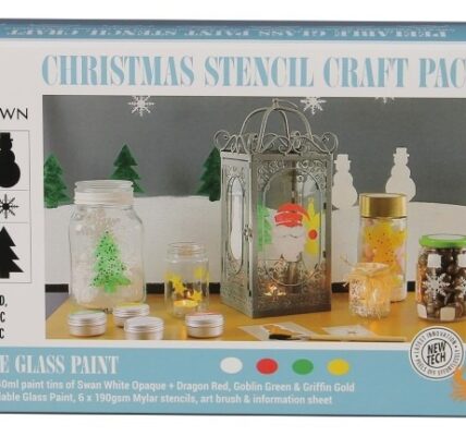 The box displays a wintery scene with a snowy background and various glass jars and lanterns decorated with the provided stencils and paints. The painted items include Santa, a Christmas tree, stars, and snowflakes. A small, unbranded tin of paint is also visible.