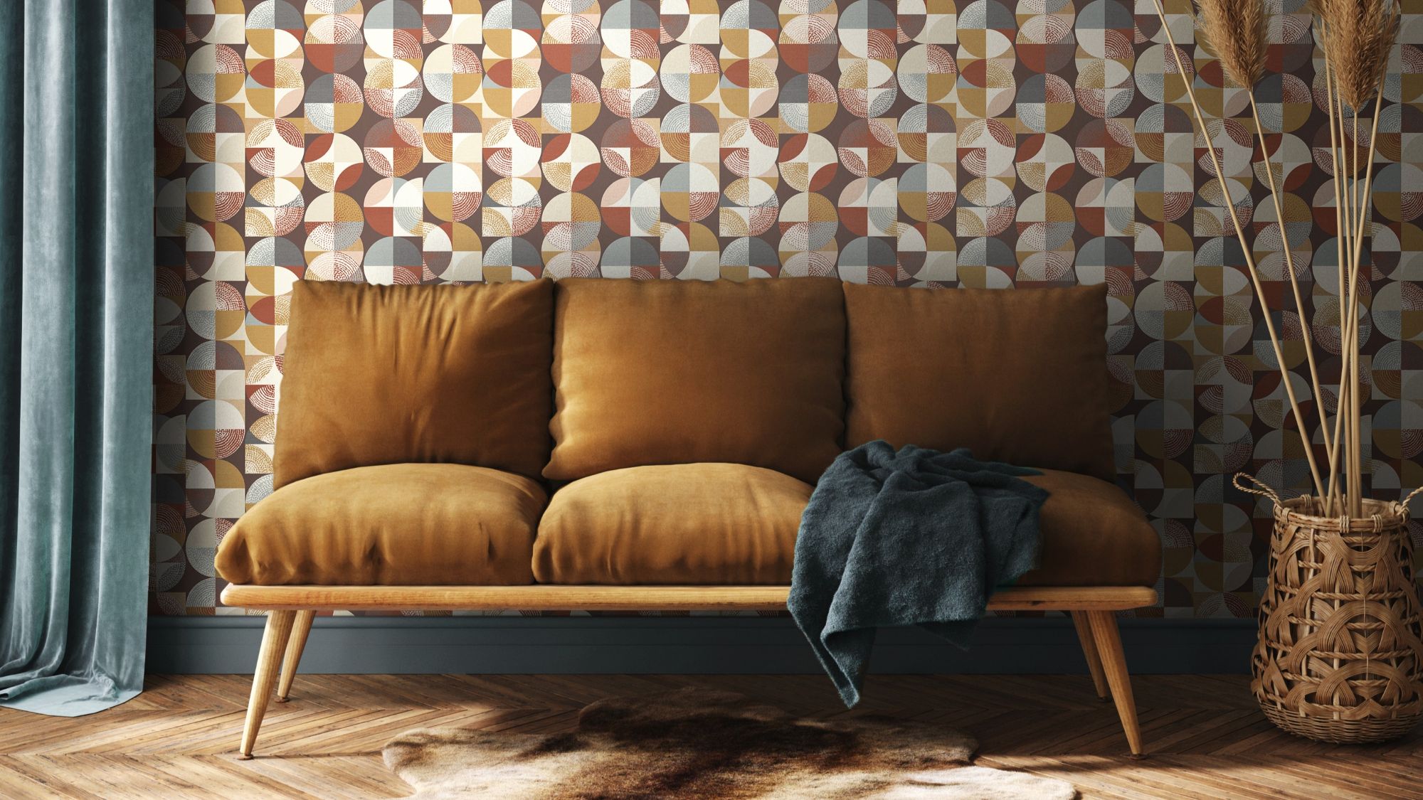 A living room with a three-seater sofa, wooden parquet flooring and denim blue curtains. The background features a geometric wallpaper in different shades of brown, orange and amber