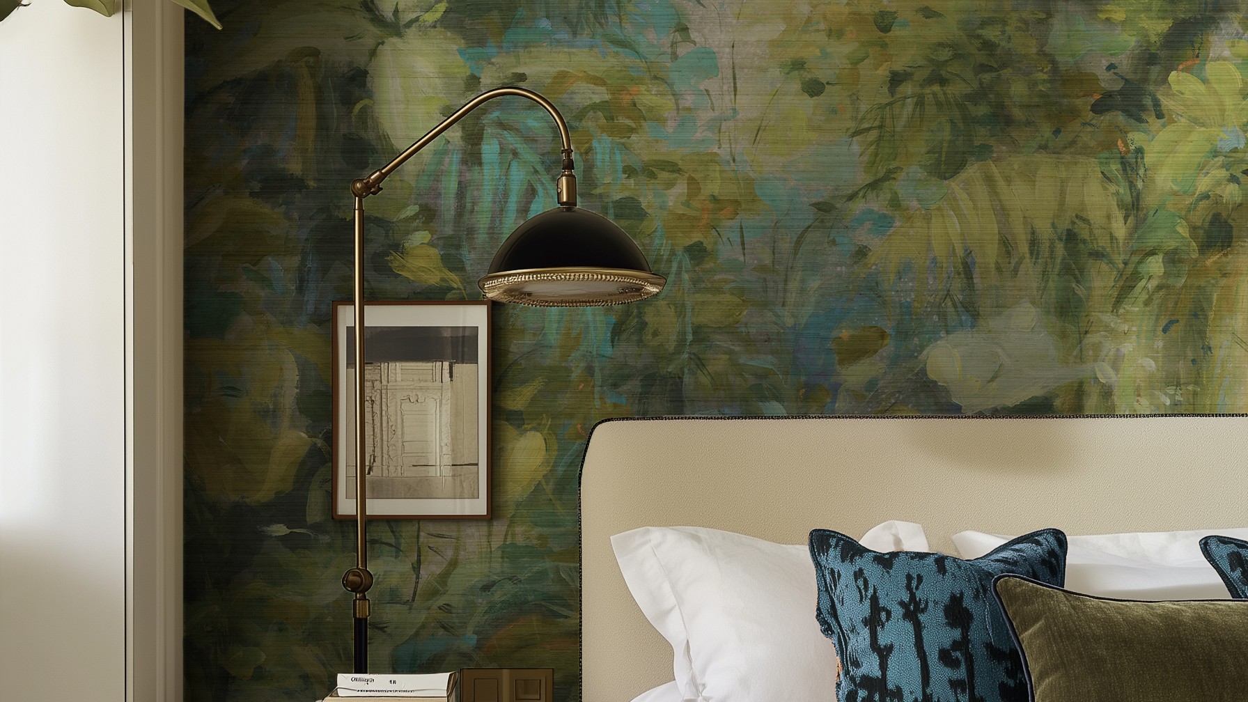 A bedroom with a textured green and gold abstract botanical wallpaper mural, featuring a bed with a beige headboard and a black-and-brass floor lamp.