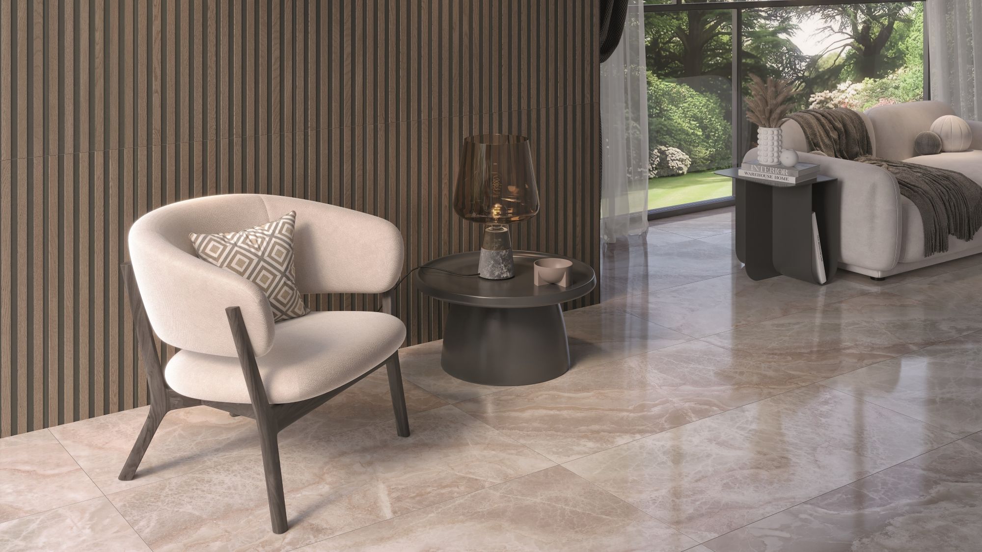 A luxurious, modern living space featuring a creamy white upholstered armchair, a ribbed wood accent wall, and glossy light-brown marble-look floor tiles. A dark round side table with a decorative lamp sits next to the chair, and a large window looks out onto a green garden.