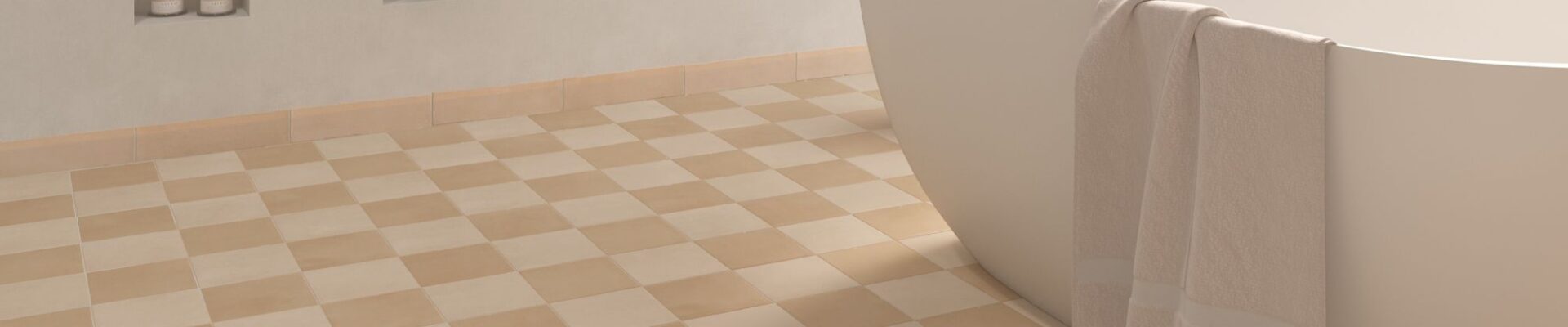 A checkerboard tile floor in shades of light tan and beige/cream. This pattern adds a classic, somewhat retro, but very warm and inviting feel to the room.