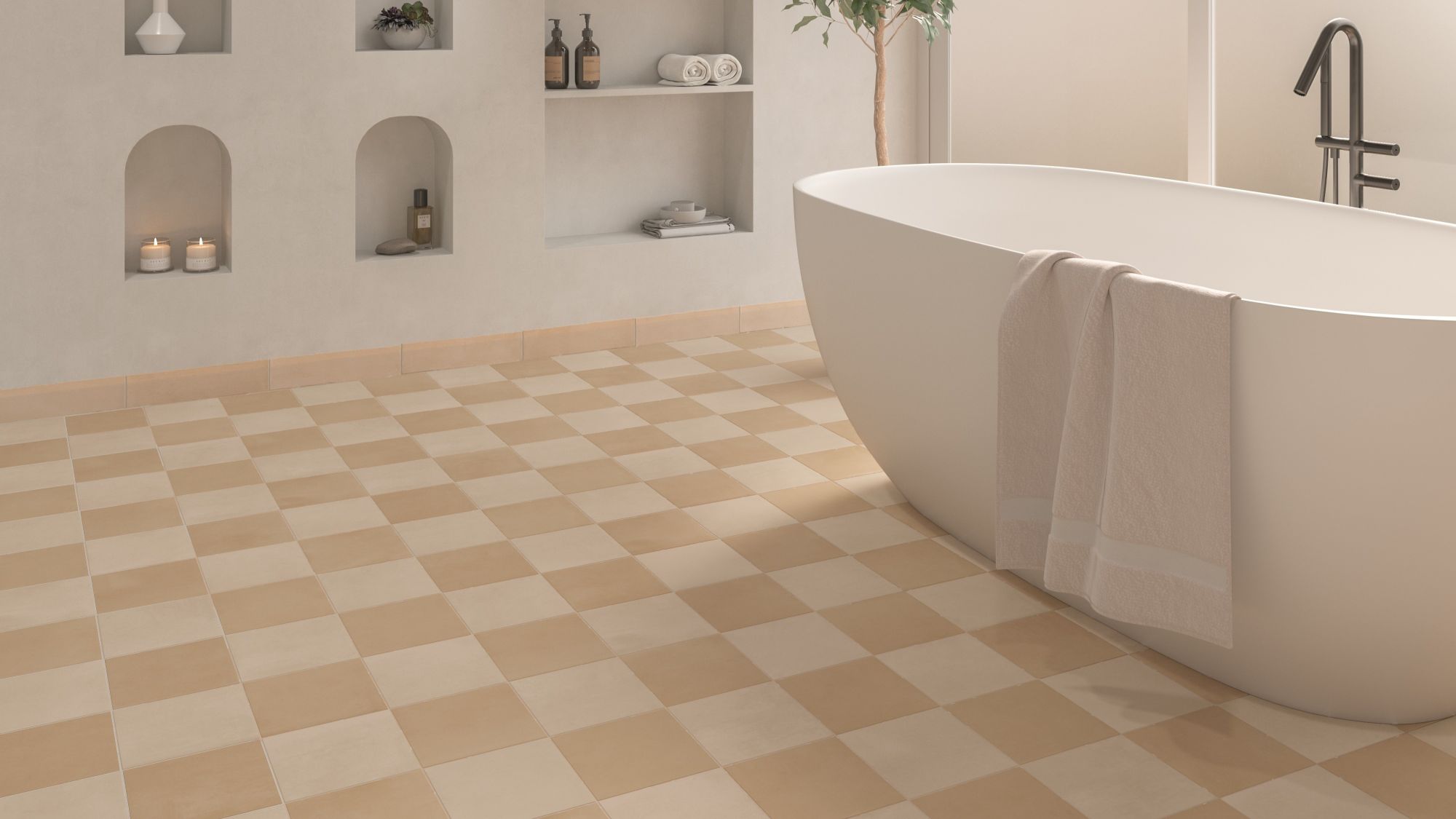 A checkerboard tile floor in shades of light tan and beige/cream. This pattern adds a classic, somewhat retro, but very warm and inviting feel to the room.