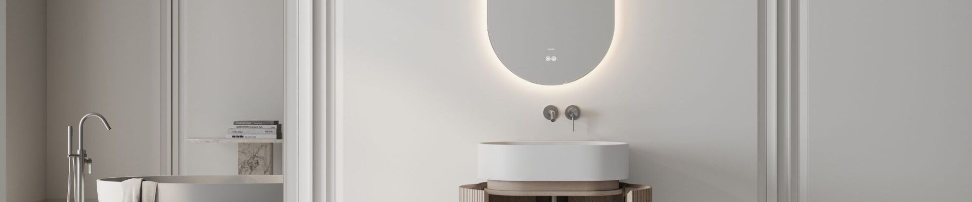A modern, minimalist bathroom design. The central focus is the vanity area, which features: a wall-mounted, oval, LED-backlit mirror, a floating vanity unit with a curved, natural wood finish and open storage, a white, counter-top basin bowl and wall-mounted taps.