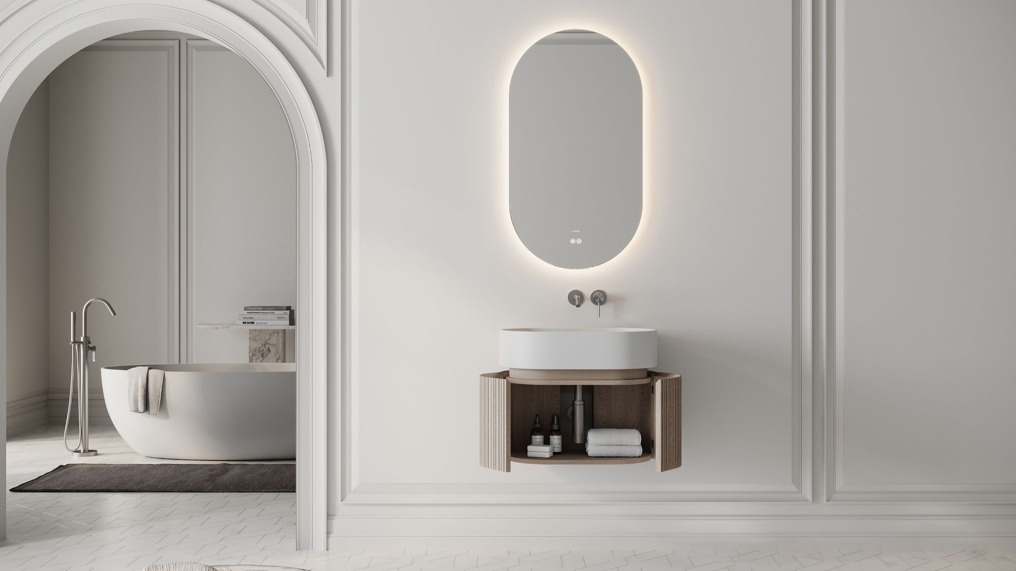 A modern, minimalist bathroom design. The central focus is the vanity area, which features: a wall-mounted, oval, LED-backlit mirror, a floating vanity unit with a curved, natural wood finish and open storage, a white, counter-top basin bowl and wall-mounted taps.