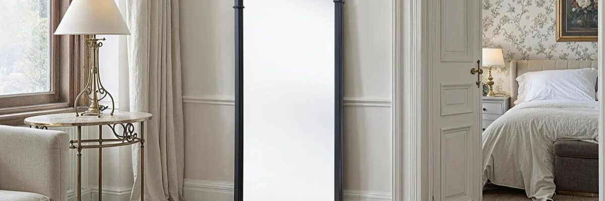 A beautiful full-length mirror with an arched top, set in a black frame. It appears to be leaning against a wall in what looks like a bedroom or dressing area. The room has classic features like hardwood floors, white trim, and patterned wallpaper. A luxurious-looking bed is visible through an open doorway, and a side table with a lamp is in the foreground.