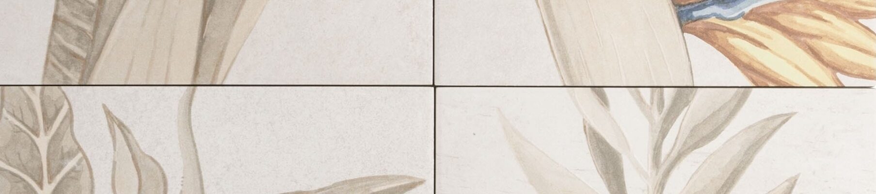 A tile with a botanical/tropical pattern in muted, neutral, and earthy tones. It appears to be a close-up, possibly showing four separate panels that make up a larger design. The colours are predominantly ivory, beige, and soft brown/taupe, with a small detail of a Bird of Paradise flower featuring muted yellow-orange and hints of dusty blue.