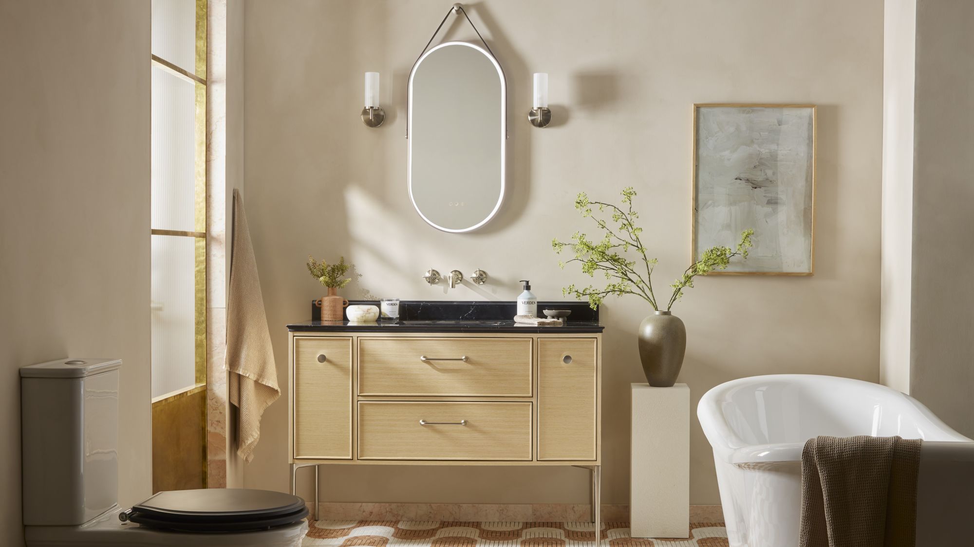 A freestanding double vanity unit with a contemporary, elegant design.