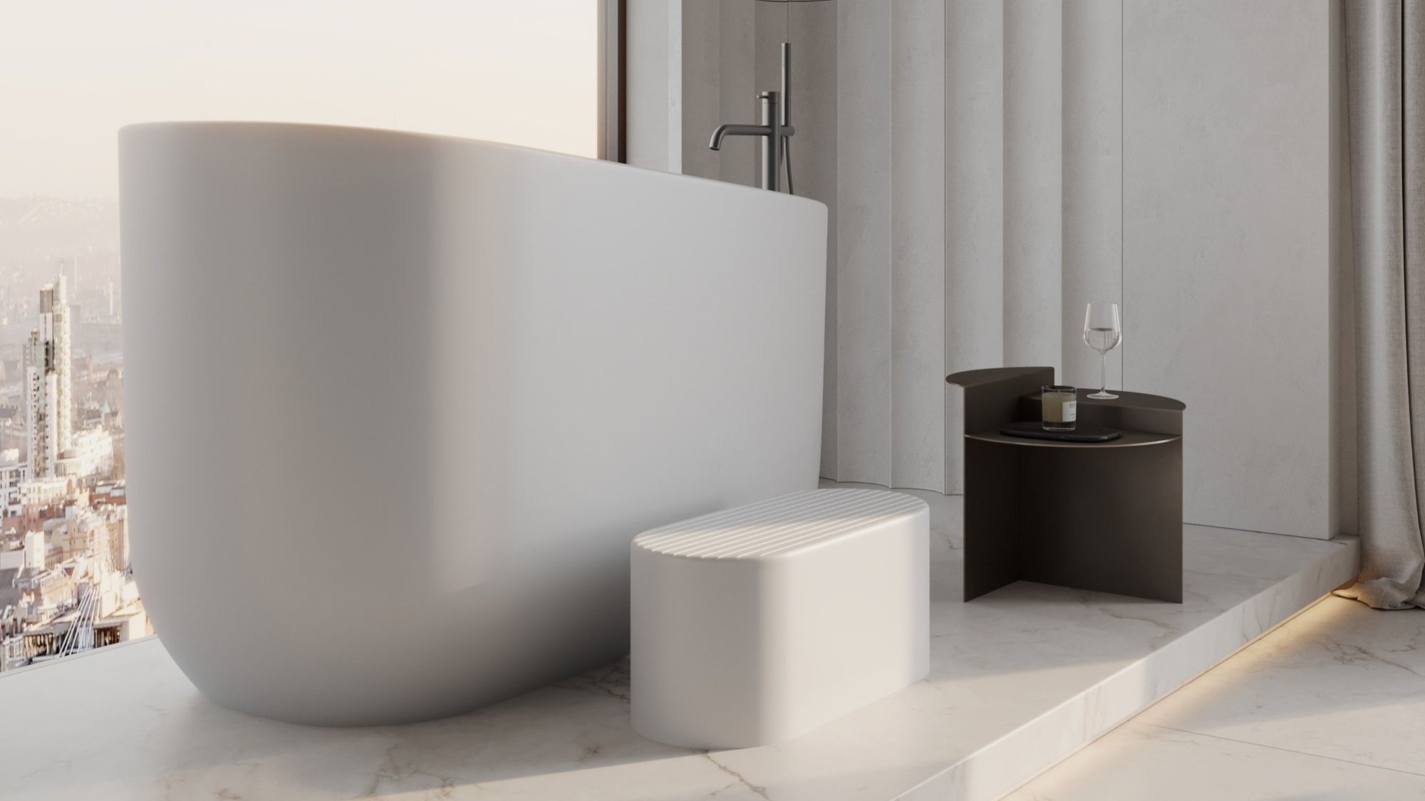 This image features a modern, luxurious bathroom with a large, freestanding white soaking tub positioned next to a window that offers a view of a city skyline at what appears to be sunrise or sunset.