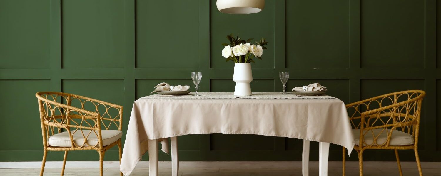 An elegant, eye-level wide shot of a dining area featuring a deep pepper tree green wainscoted wall. Centred in the room is a rectangular white wooden dining table draped with a light beige tablecloth, set with two minimalist place settings, crystal wine glasses, and a white vase holding white ranunculus flowers.