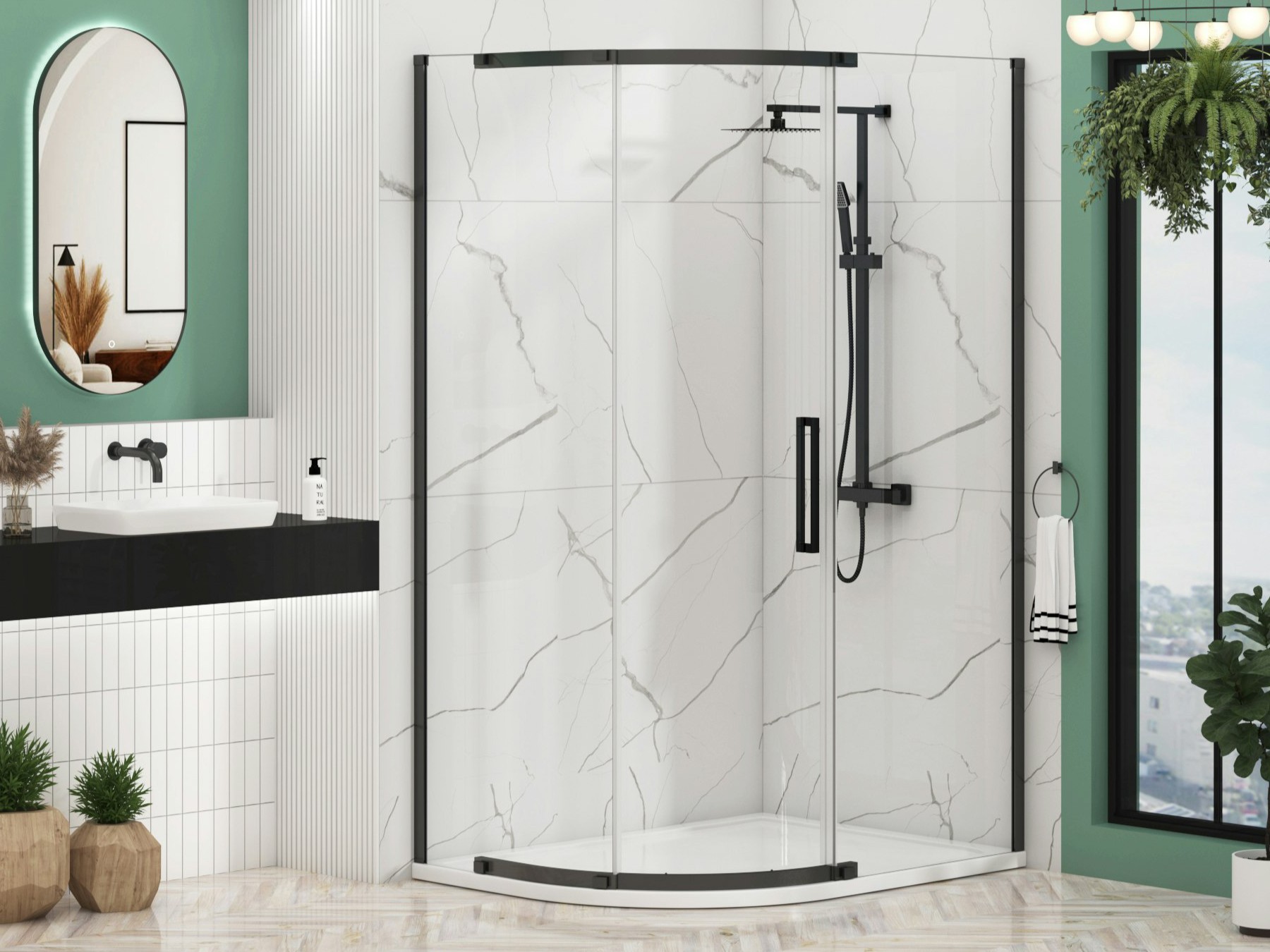 An offset quadrant shower enclosure with matt black frames and a single sliding door, installed in a modern bathroom. The enclosure features 8mm clear glass and is set against white marble-effect wall tiles.