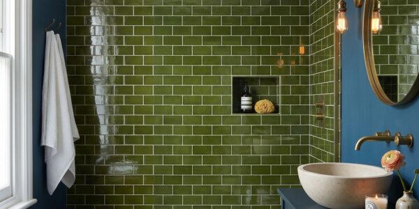 A modern bathroom featuring a shower clad in glossy olive green subway tiles with a built-in niche holding a soap bottle and sponge. To the right, a round stone vessel sink sits on a blue vanity next to brass hardware, a lit candle, and a round mirror reflecting a double-bulb wall sconce.