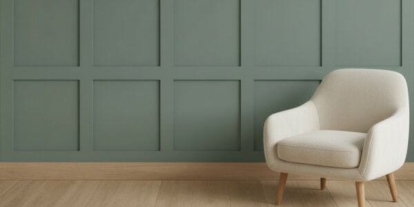 A sage green wall featuring a classic square Shaker-style wood panelling kit. A modern cream upholstered armchair with light wood legs sits on a light oak wood floor in front of the panelled wall.