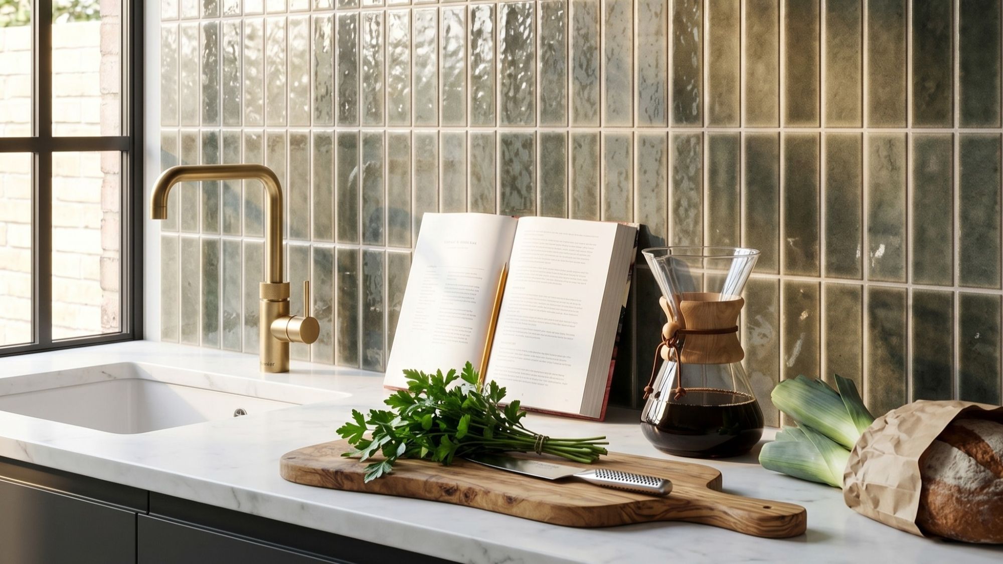 A modern kitchen countertop with a white marble surface, featuring a brass faucet, an open cookbook, a wooden cutting board with fresh parsley and a chef's knife, a Chemex coffee maker, and glossy, vertical green tiled backsplash.