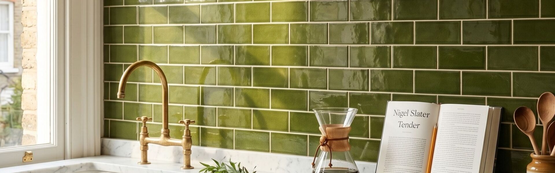 A bright kitchen backsplash featuring glossy olive green subway tiles behind a white marble countertop with a brass faucet and coffee carafe