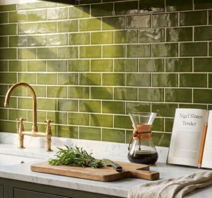 A bright kitchen backsplash featuring glossy olive green subway tiles behind a white marble countertop with a brass faucet and coffee carafe