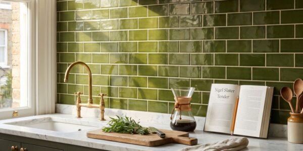 A bright kitchen backsplash featuring glossy olive green subway tiles behind a white marble countertop with a brass faucet and coffee carafe