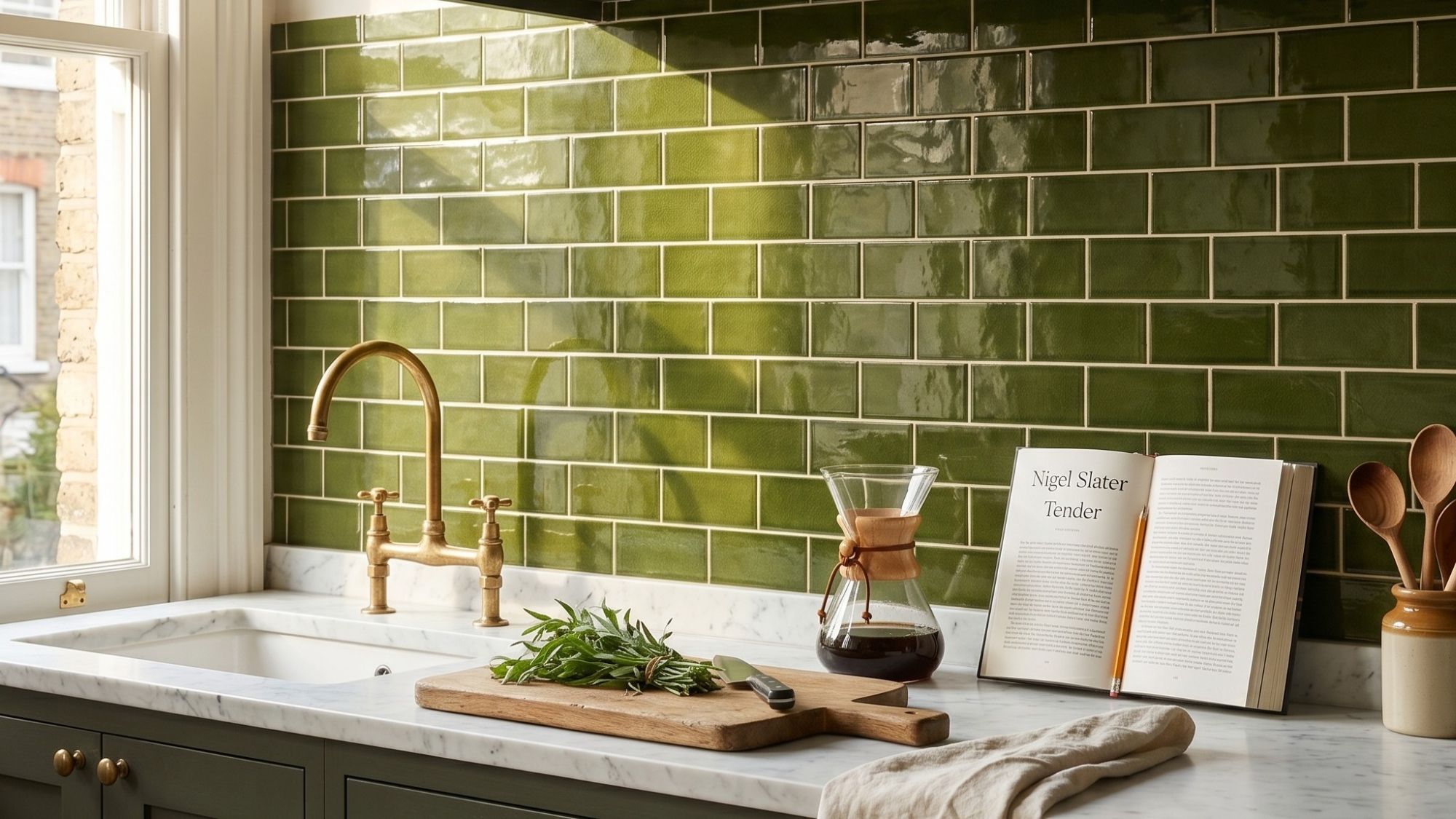 A bright kitchen backsplash featuring glossy olive green subway tiles behind a white marble countertop with a brass faucet and coffee carafe