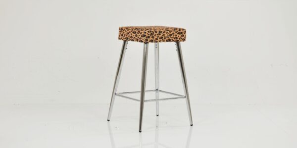 Modern bar stool featuring a square leopard print upholstered seat and polished chrome legs with a footrest.