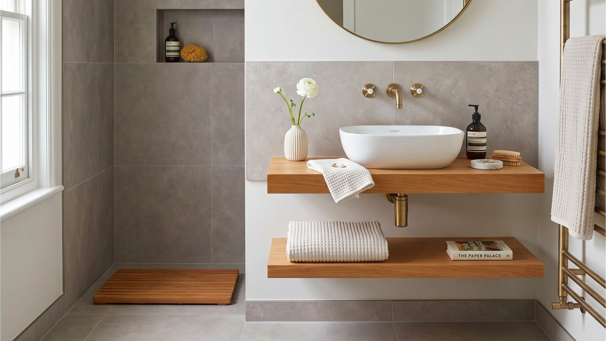 A modern bathroom featuring double floating wooden shelves, a white vessel sink, brushed brass wall-mounted fixtures, and grey wall and floor tiles.