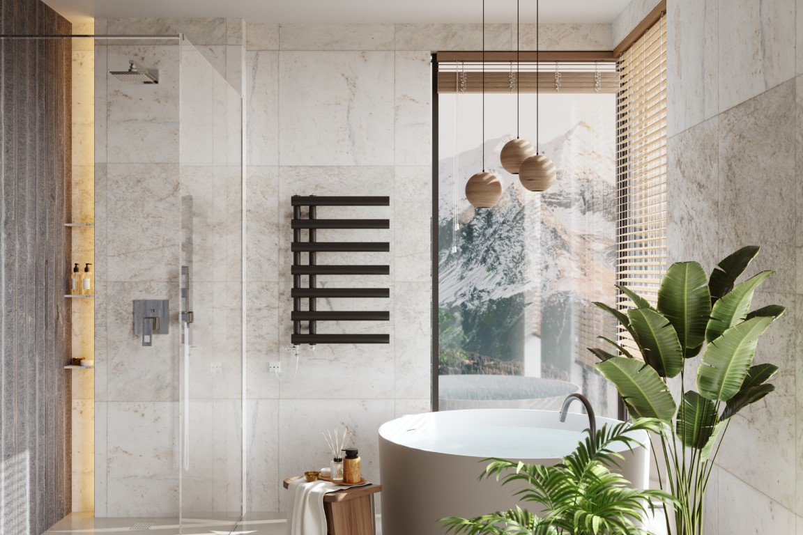 a towel radiator in a bathroom setting