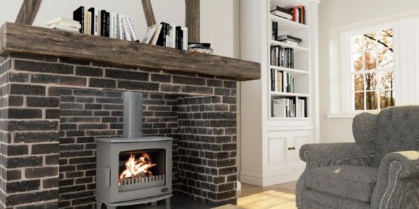 A fireplace in a room Description automatically generated