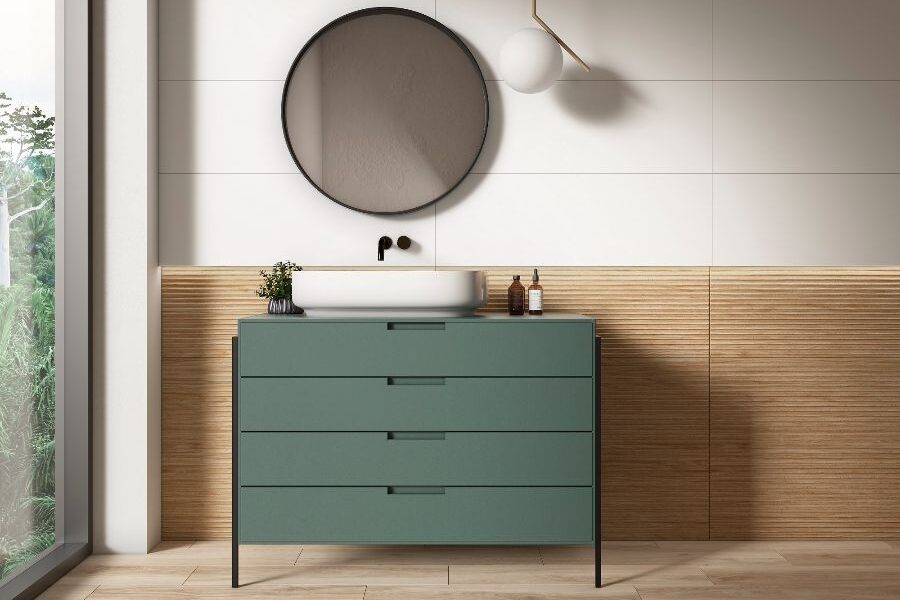 Fluted wood-effect tiles in a bathroom setting