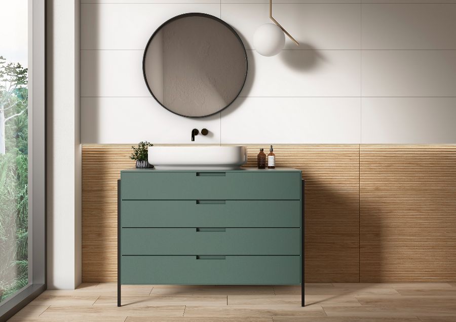 Fluted wood-effect tiles in a bathroom setting